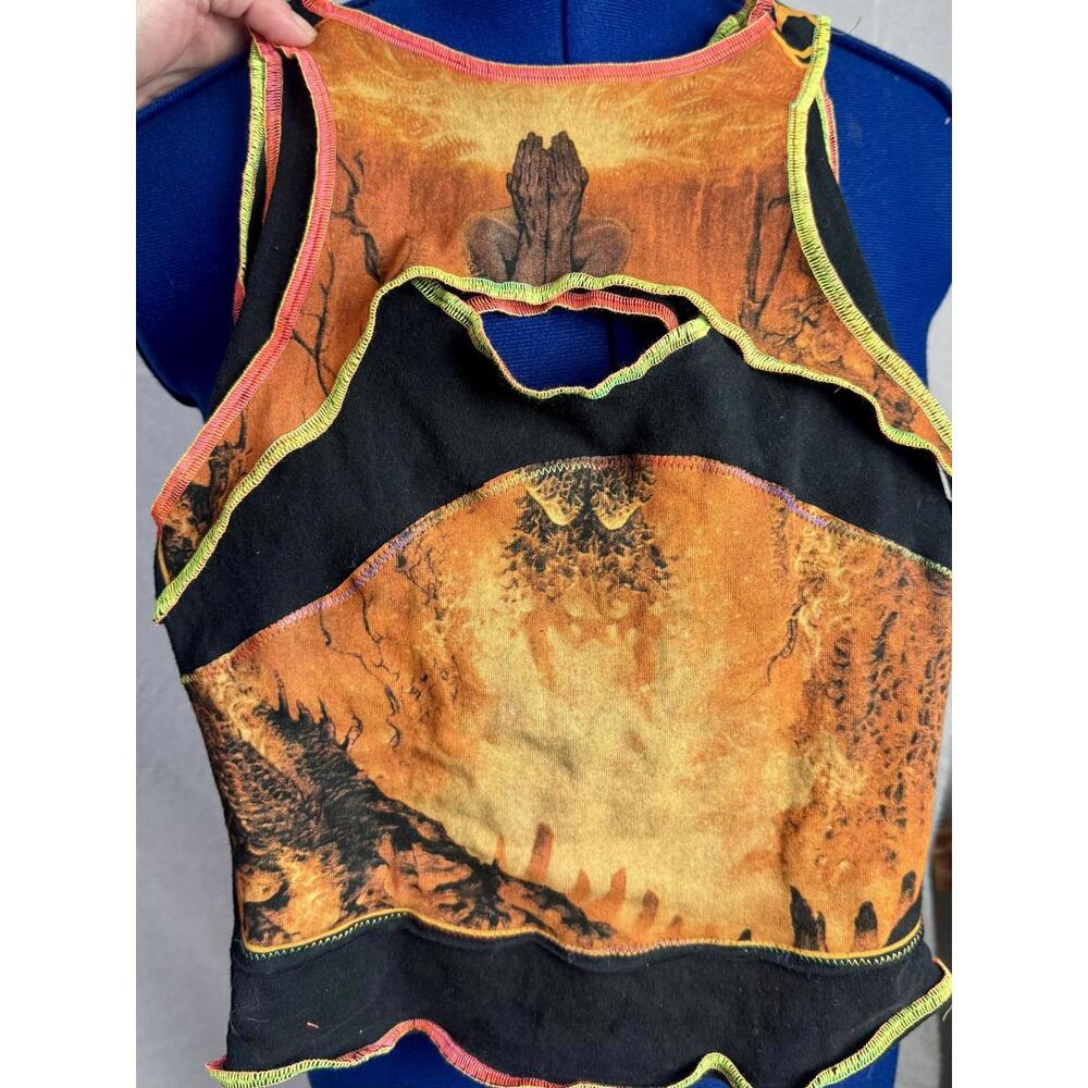 upcycled cut out tank top fire prayer graphic franken stitched crop top stretchy